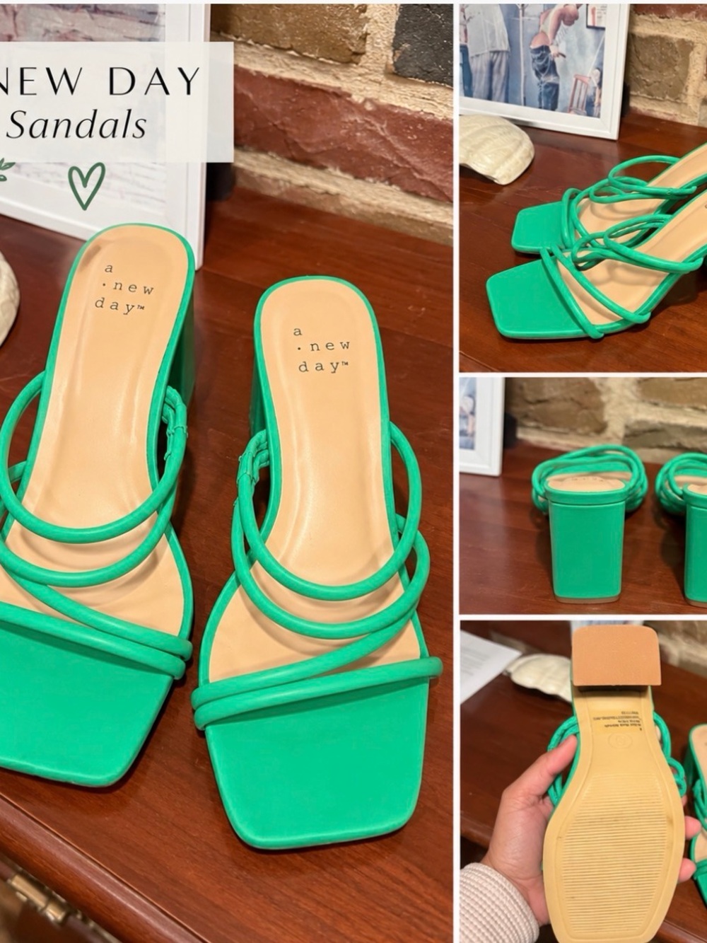 a new day Bright Green Strappy Square-Toe Block Heel Sandals